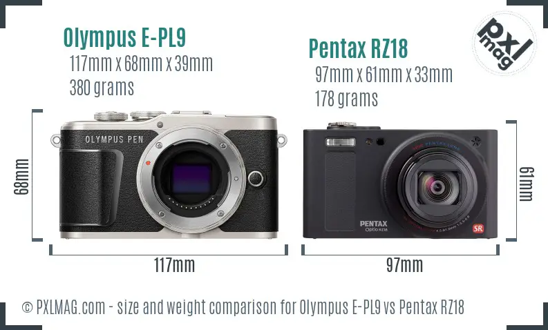 Olympus E-PL9 vs Pentax RZ18 size comparison