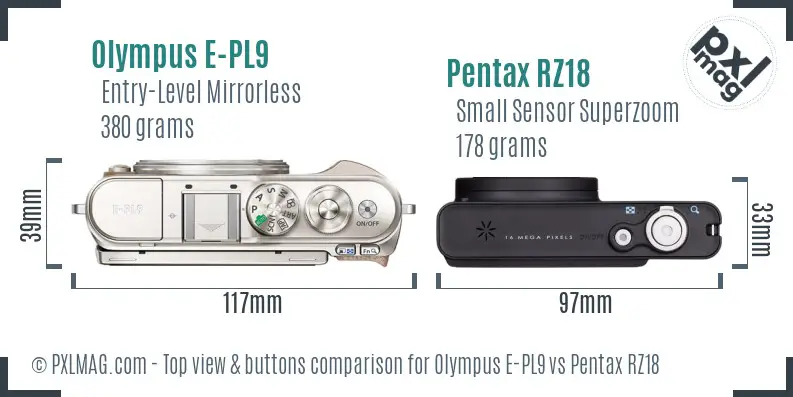Olympus E-PL9 vs Pentax RZ18 top view buttons comparison
