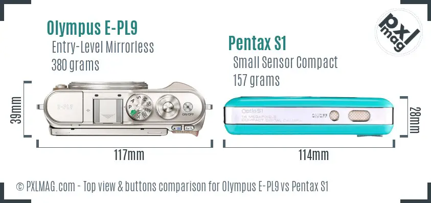 Olympus E-PL9 vs Pentax S1 top view buttons comparison