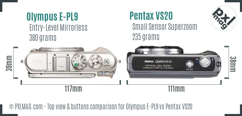 Olympus E-PL9 vs Pentax VS20 top view buttons comparison
