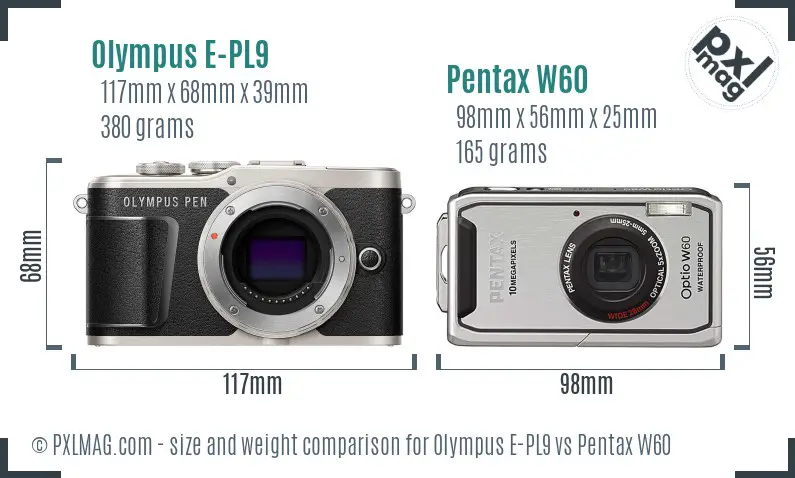 Olympus E-PL9 vs Pentax W60 size comparison