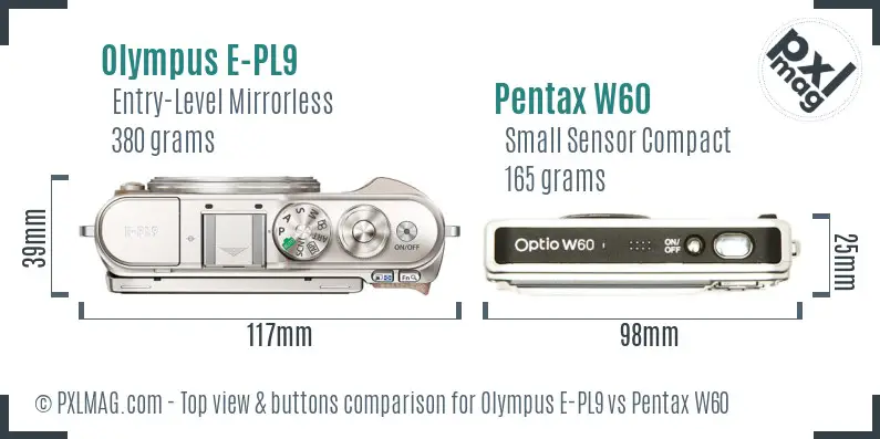 Olympus E-PL9 vs Pentax W60 top view buttons comparison