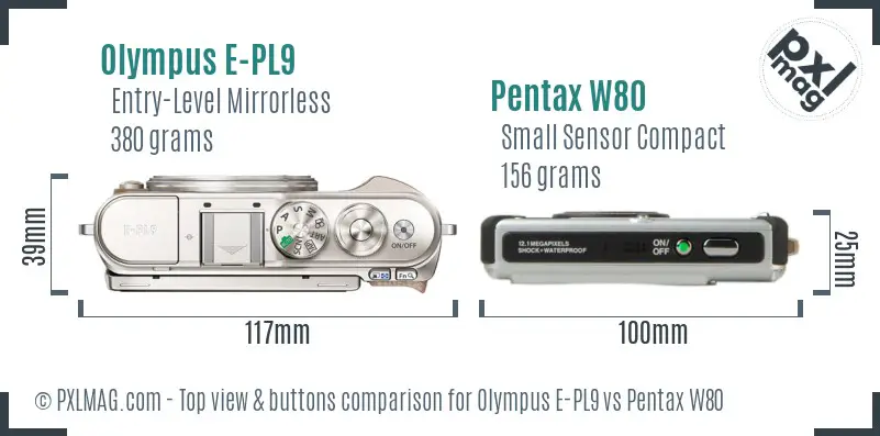 Olympus E-PL9 vs Pentax W80 top view buttons comparison