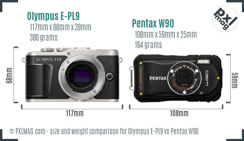 Olympus E-PL9 vs Pentax W90 size comparison