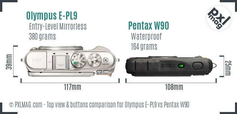 Olympus E-PL9 vs Pentax W90 top view buttons comparison