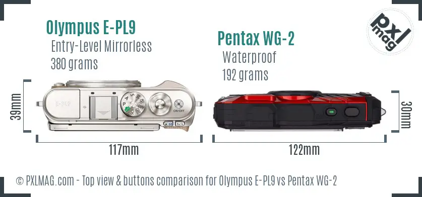 Olympus E-PL9 vs Pentax WG-2 top view buttons comparison