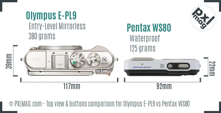 Olympus E-PL9 vs Pentax WS80 top view buttons comparison