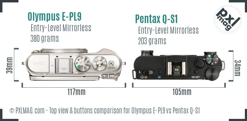 Olympus E-PL9 vs Pentax Q-S1 top view buttons comparison