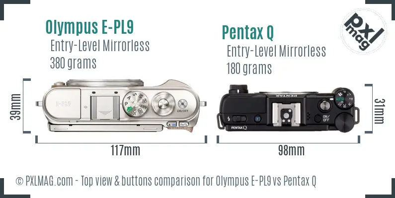 Olympus E-PL9 vs Pentax Q top view buttons comparison