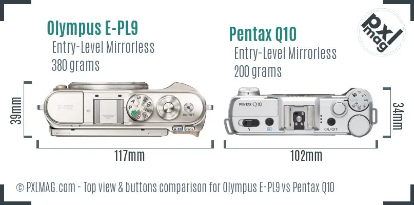 Olympus E-PL9 vs Pentax Q10 top view buttons comparison