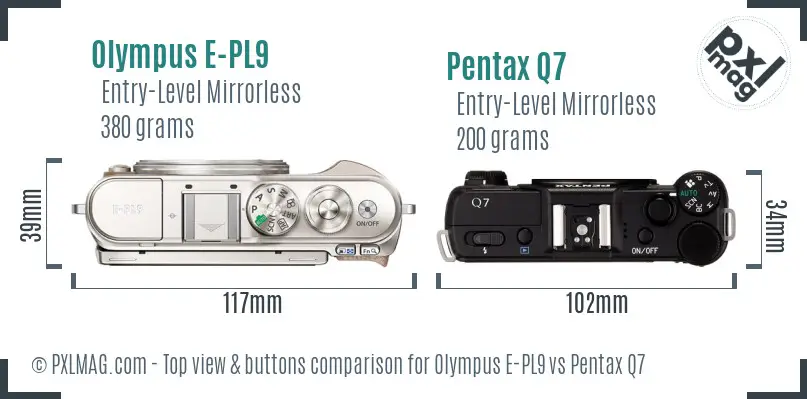 Olympus E-PL9 vs Pentax Q7 top view buttons comparison