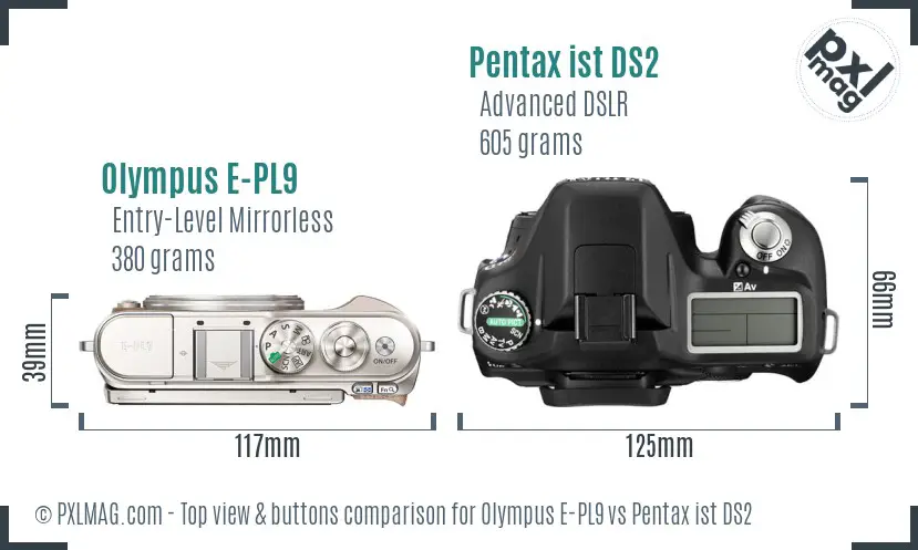 Olympus E-PL9 vs Pentax ist DS2 top view buttons comparison