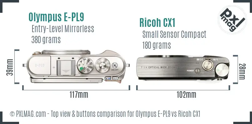 Olympus E-PL9 vs Ricoh CX1 top view buttons comparison