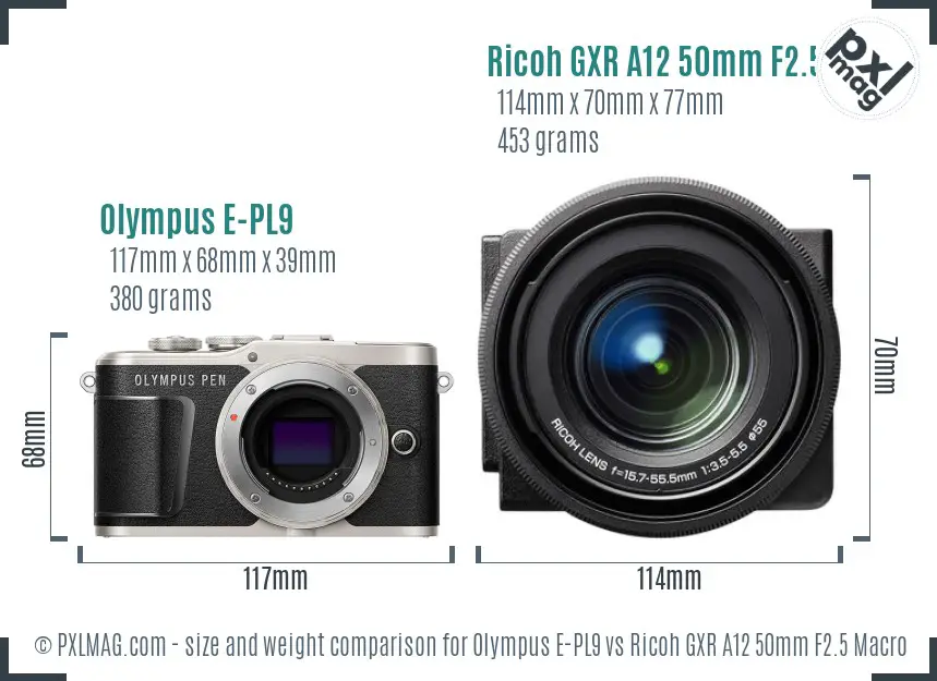 Olympus E-PL9 vs Ricoh GXR A12 50mm F2.5 Macro size comparison