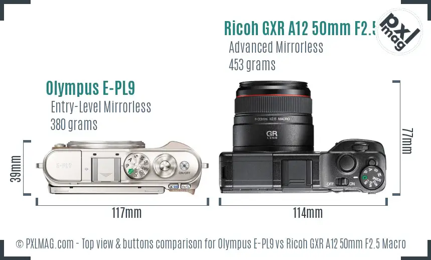 Olympus E-PL9 vs Ricoh GXR A12 50mm F2.5 Macro top view buttons comparison