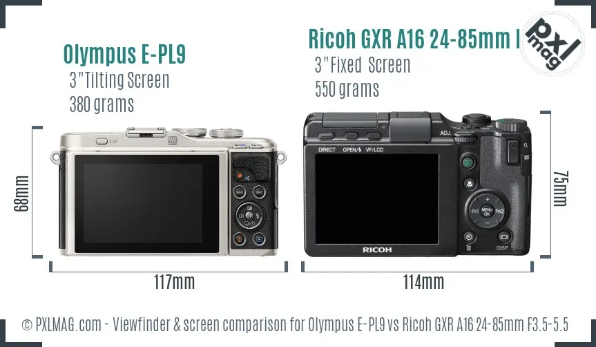 Olympus E-PL9 vs Ricoh GXR A16 24-85mm F3.5-5.5 Screen and Viewfinder comparison