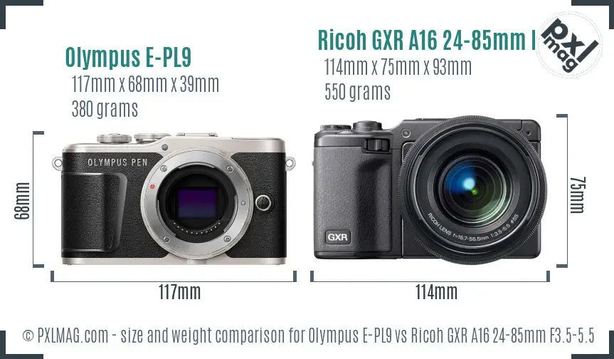 Olympus E-PL9 vs Ricoh GXR A16 24-85mm F3.5-5.5 size comparison Olympus E-PL9 vs Ricoh GXR A16 24-85mm F3.5-5.5 size comparison
