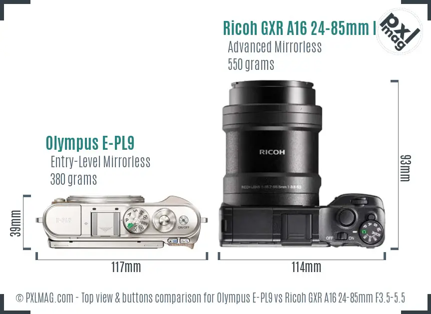 Olympus E-PL9 vs Ricoh GXR A16 24-85mm F3.5-5.5 top view buttons comparison