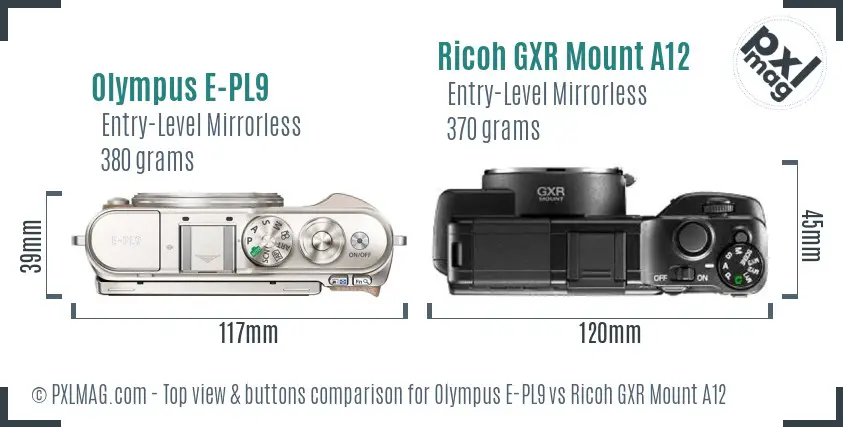 Olympus E-PL9 vs Ricoh GXR Mount A12 top view buttons comparison