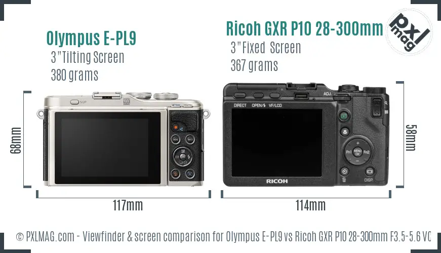 Olympus E-PL9 vs Ricoh GXR P10 28-300mm F3.5-5.6 VC Screen and Viewfinder comparison