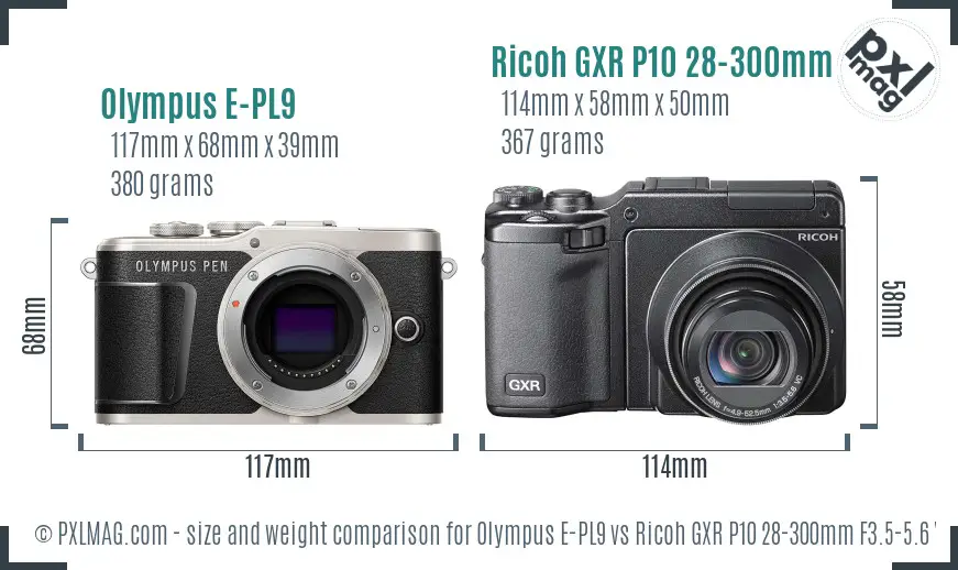 Olympus E-PL9 vs Ricoh GXR P10 28-300mm F3.5-5.6 VC size comparison