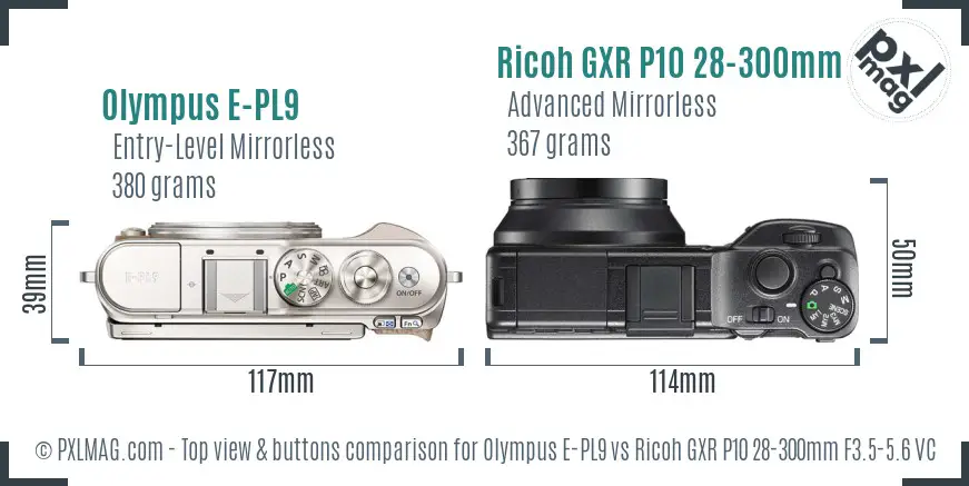 Olympus E-PL9 vs Ricoh GXR P10 28-300mm F3.5-5.6 VC top view buttons comparison