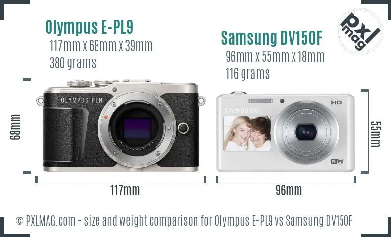 Olympus E-PL9 vs Samsung DV150F size comparison