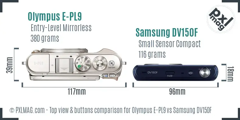 Olympus E-PL9 vs Samsung DV150F top view buttons comparison