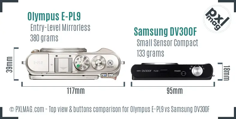 Olympus E-PL9 vs Samsung DV300F top view buttons comparison