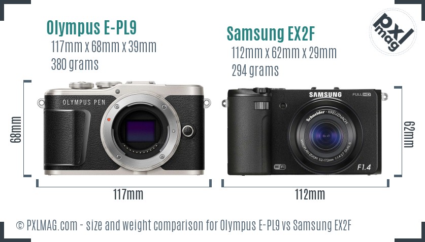 Olympus E-PL9 vs Samsung EX2F size comparison