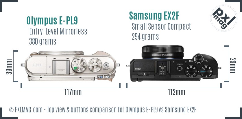 Olympus E-PL9 vs Samsung EX2F top view buttons comparison
