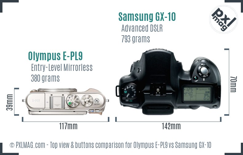 Olympus E-PL9 vs Samsung GX-10 top view buttons comparison