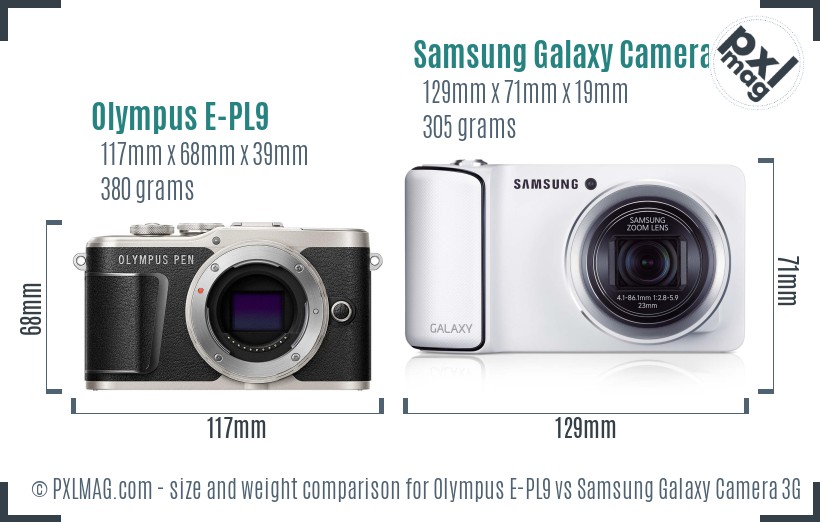 Olympus E-PL9 vs Samsung Galaxy Camera 3G size comparison