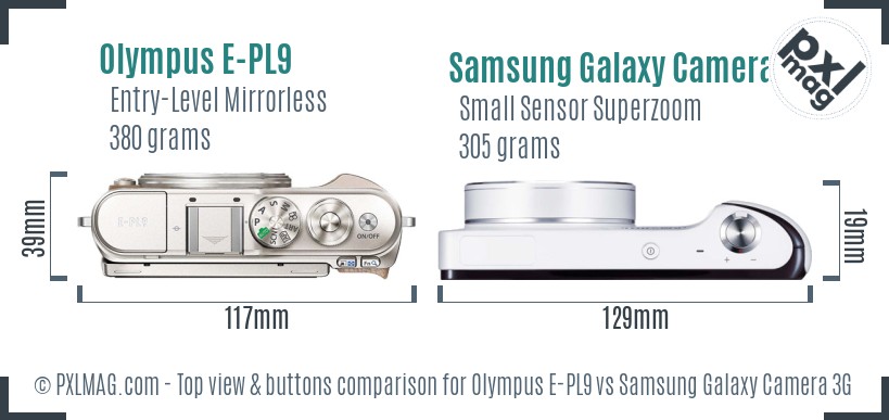 Olympus E-PL9 vs Samsung Galaxy Camera 3G top view buttons comparison