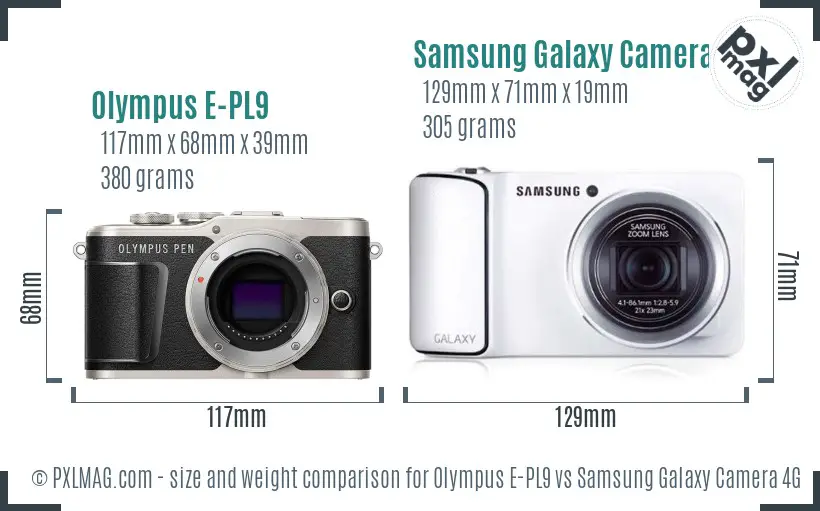 Olympus E-PL9 vs Samsung Galaxy Camera 4G size comparison