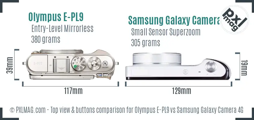 Olympus E-PL9 vs Samsung Galaxy Camera 4G top view buttons comparison