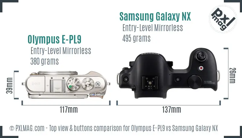 Olympus E-PL9 vs Samsung Galaxy NX top view buttons comparison Olympus E-PL9 vs Samsung Galaxy NX top view buttons comparison