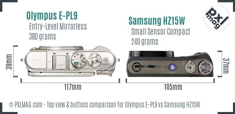 Olympus E-PL9 vs Samsung HZ15W top view buttons comparison