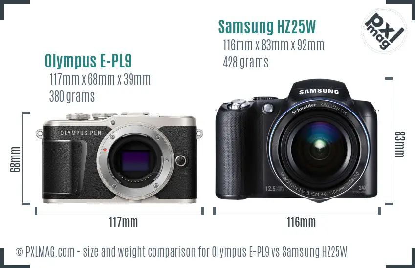 Olympus E-PL9 vs Samsung HZ25W size comparison