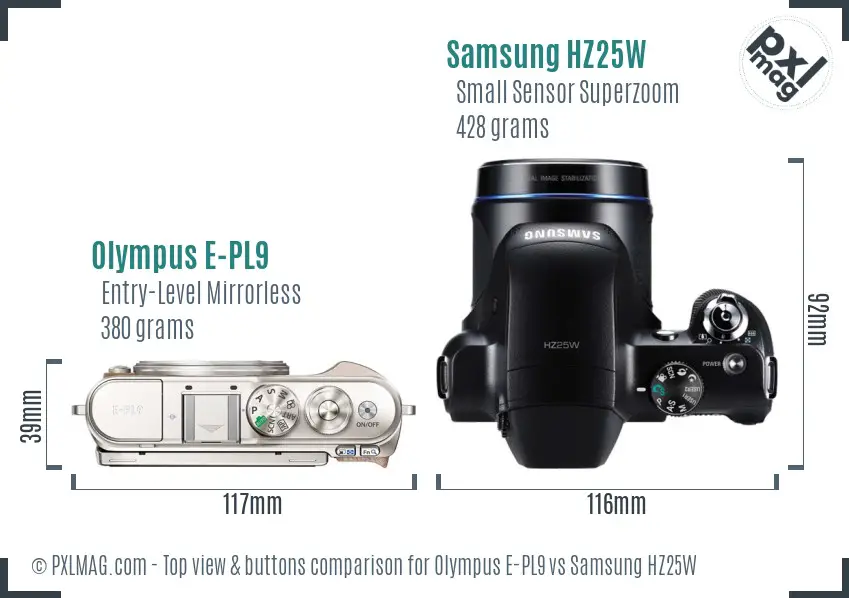 Olympus E-PL9 vs Samsung HZ25W top view buttons comparison