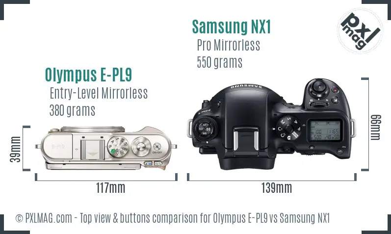 Olympus E-PL9 vs Samsung NX1 top view buttons comparison