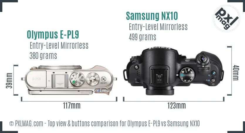 Olympus E-PL9 vs Samsung NX10 top view buttons comparison