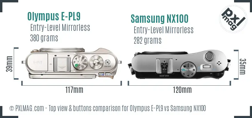 Olympus E-PL9 vs Samsung NX100 top view buttons comparison