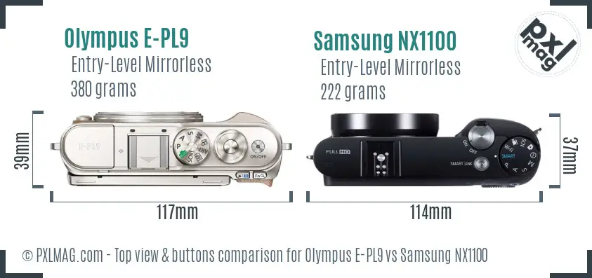 Olympus E-PL9 vs Samsung NX1100 top view buttons comparison