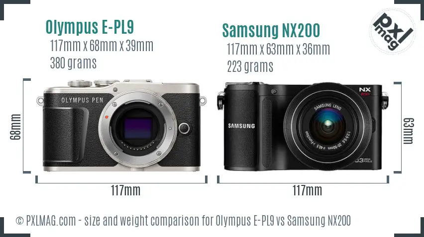 Olympus E-PL9 vs Samsung NX200 size comparison