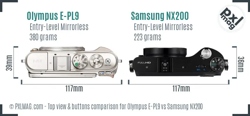 Olympus E-PL9 vs Samsung NX200 top view buttons comparison