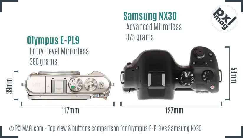 Olympus E-PL9 vs Samsung NX30 top view buttons comparison
