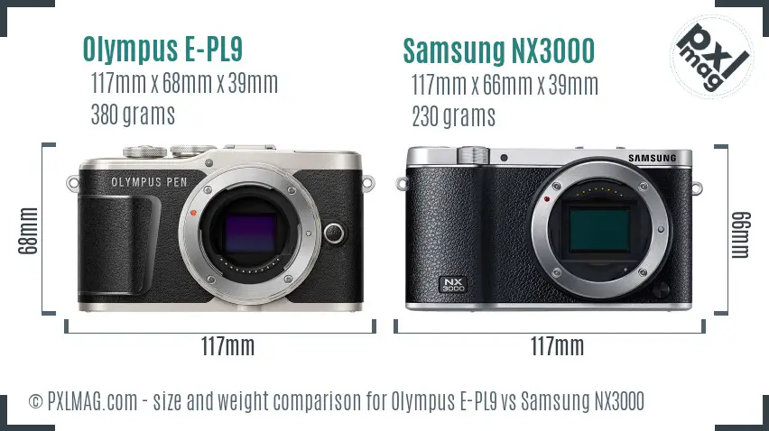 Olympus E-PL9 vs Samsung NX3000 size comparison