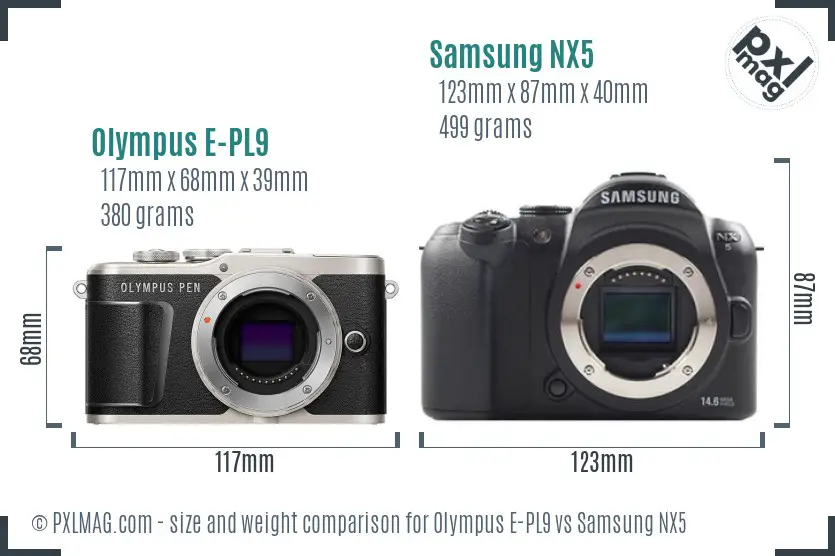 Olympus E-PL9 vs Samsung NX5 size comparison