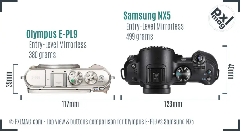 Olympus E-PL9 vs Samsung NX5 top view buttons comparison